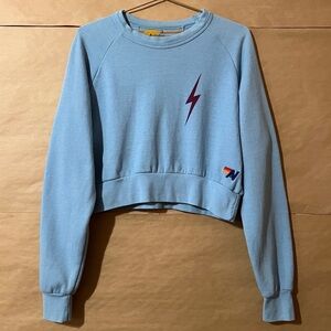 Aviator Nation | Bolt 2 Cropped Crew Sweatshirt Pullover Crewneck Blue Size S